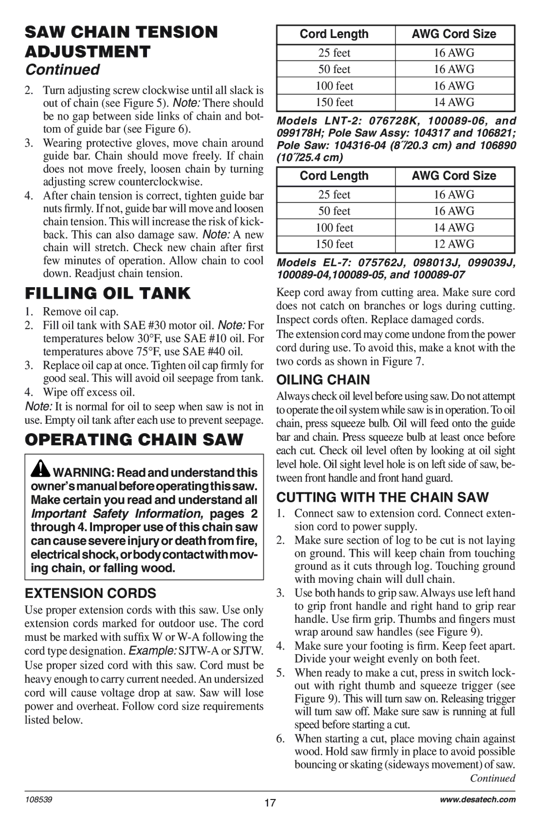 Remington 107714-02 Filling OIL Tank, Operating Chain SAW, Extension Cords, Oiling Chain, Cutting with the Chain SAW 