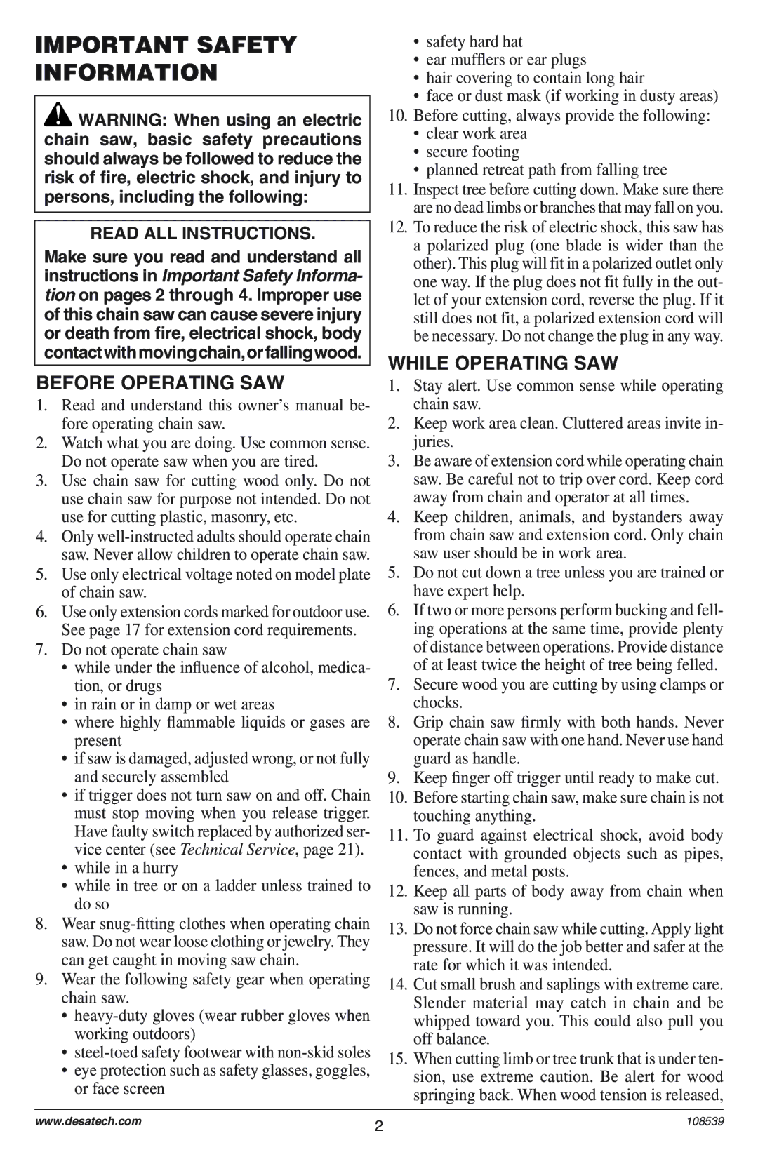 Remington 100089-05, 76728K Important Safety Information, Before Operating SAW, While Operating SAW, Read ALL Instructions 