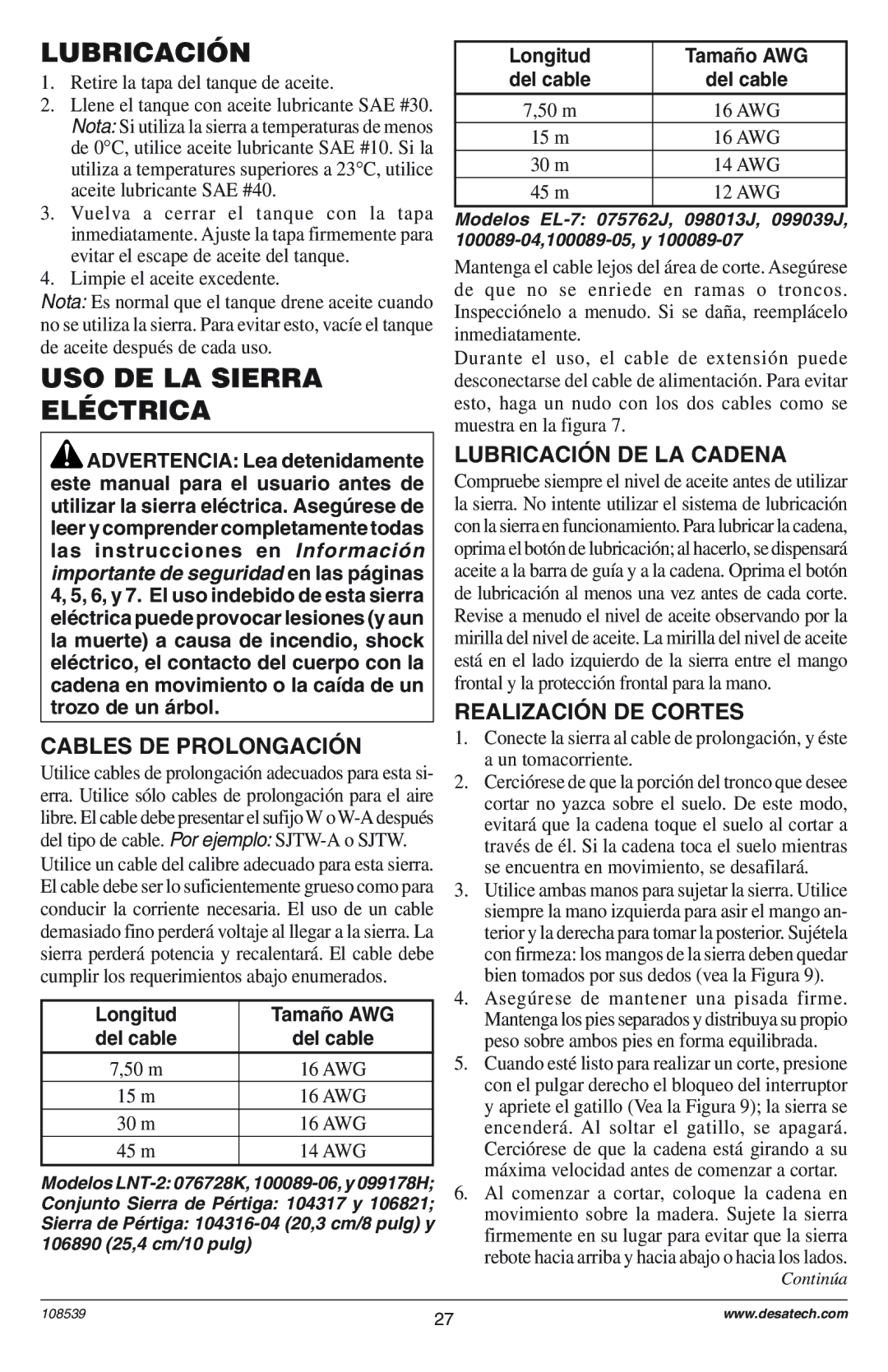 Remington 100089-08, 76728K Lubricación, USO DE LA Sierra Eléctrica, Cables DE PROLONGACIîN, LUBRICACIîN DE LA Cadena 