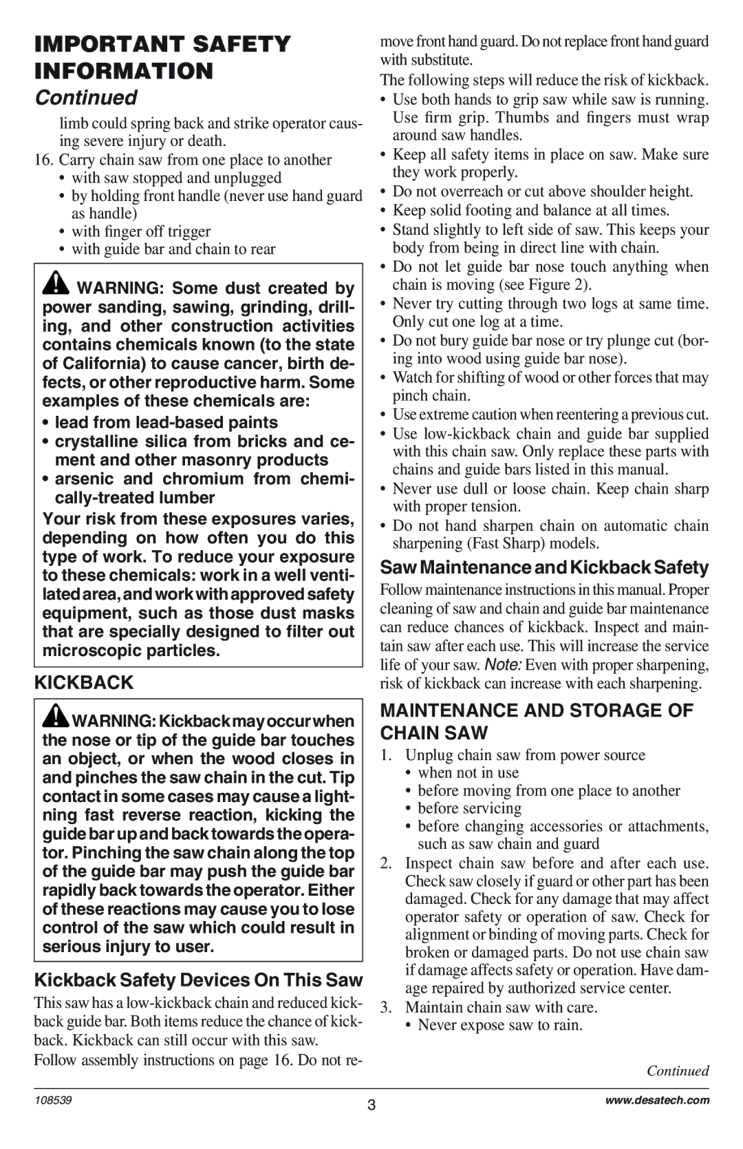 Remington 099178H, 76728K, 100089-08, 100089-05 Kickback Safety Devices On This Saw, Saw Maintenance and Kickback Safety 