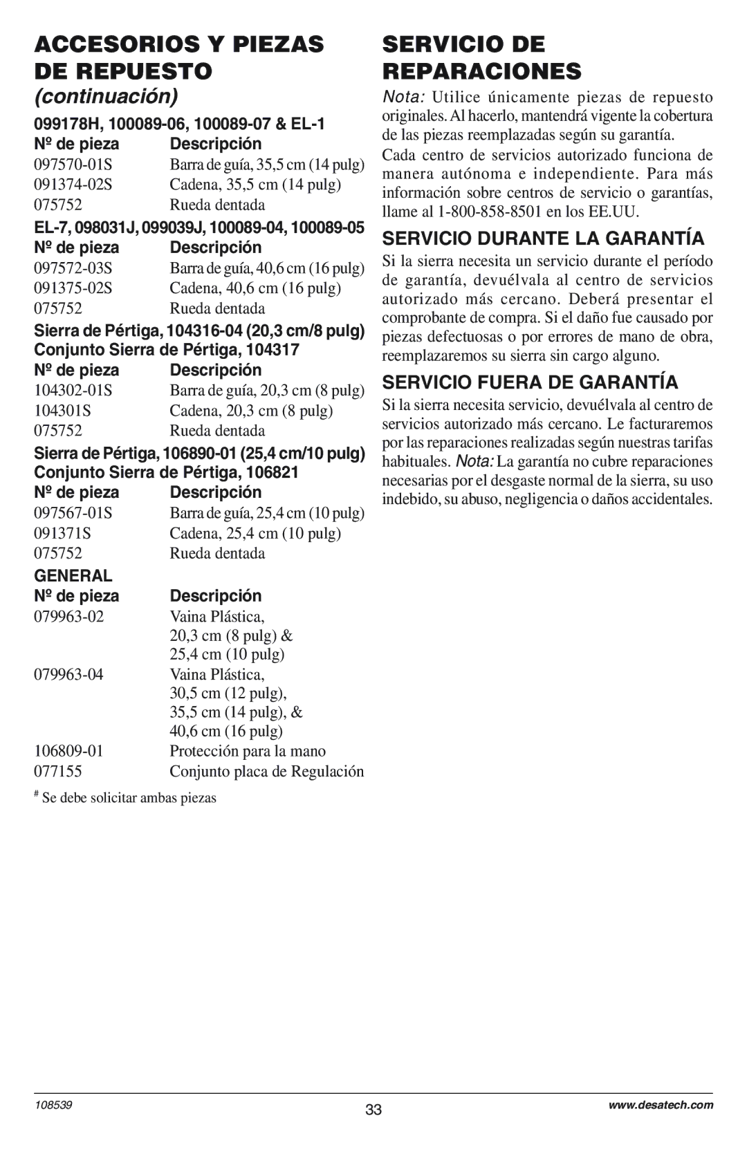 Remington 098031J, 76728K, 100089-08 Servicio DE Reparaciones, Servicio Durante LA GARANTêA, Servicio Fuera DE GARANTêA 