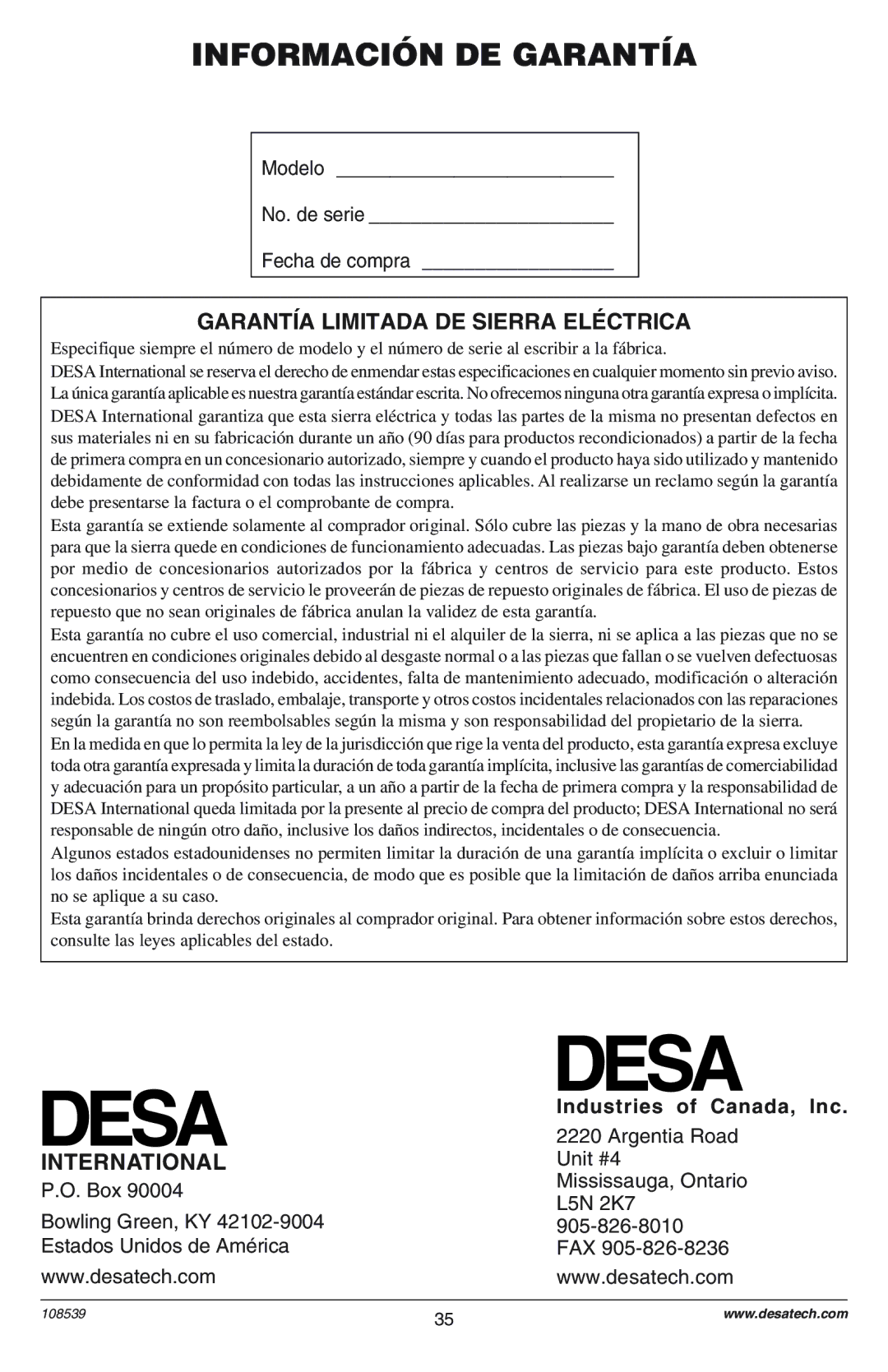 Remington 099039J, 76728K, 100089-08, 100089-05, 099178H Información DE Garantía, GARANTêA Limitada DE Sierra ELƒCTRICA 