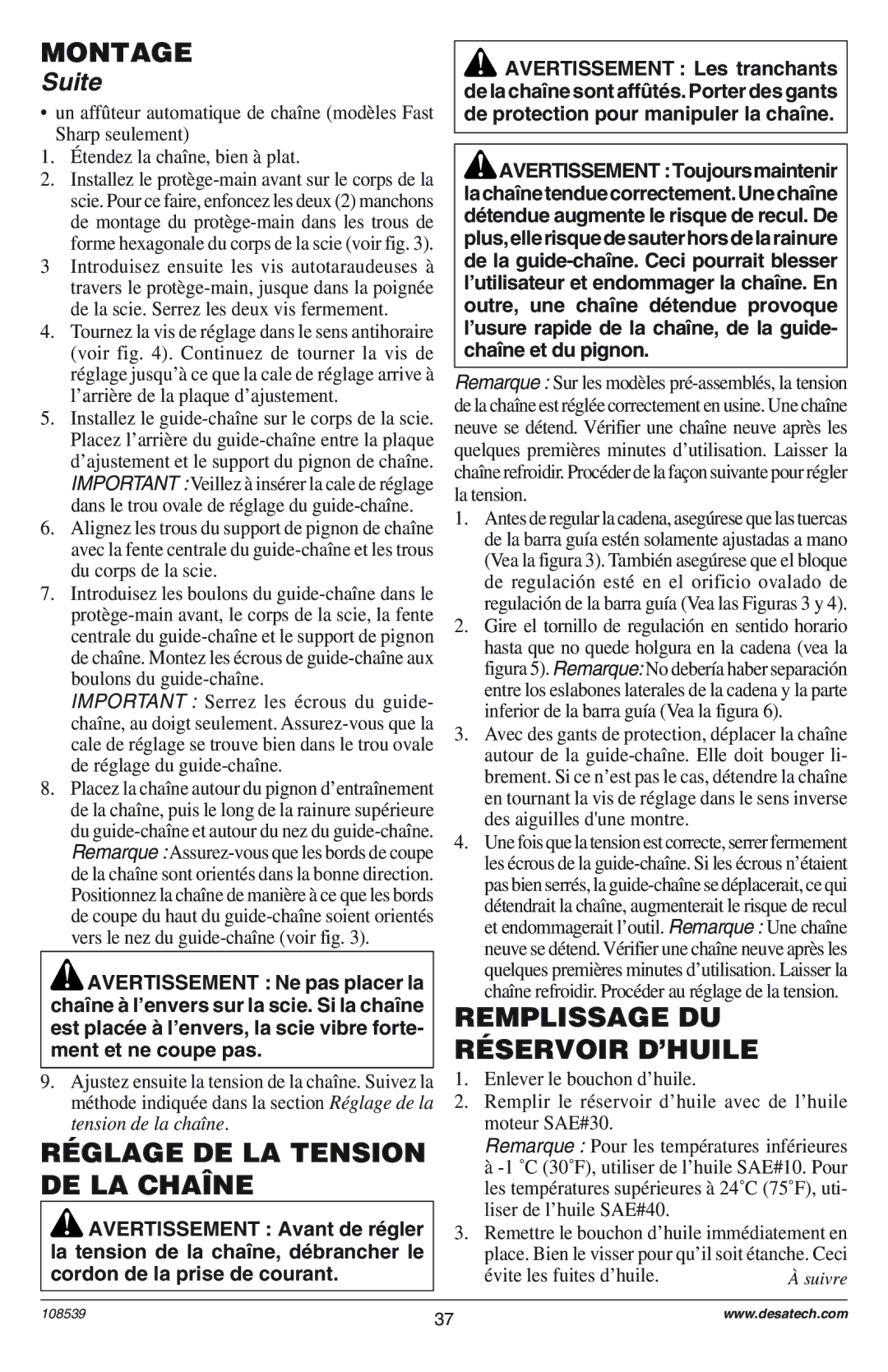 Remington 100089-04, 76728K Réglage DE LA Tension DE LA Chaîne, Remplissage DU Réservoir D’HUILE, Žvite les fuites dÕhuile 