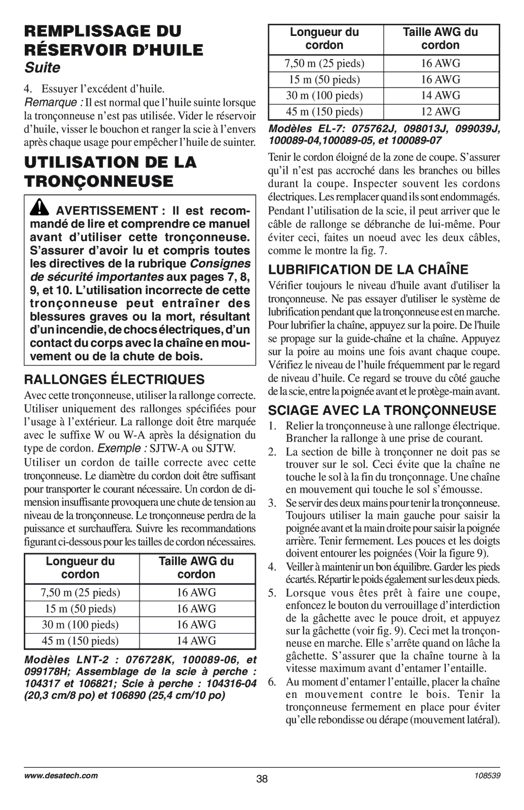 Remington Utilisation DE LA Tronçonneuse, Rallonges ƒLECTRIQUES, Lubrification DE LA CHAëNE, Sciage Avec LA TRON‚ONNEUSE 