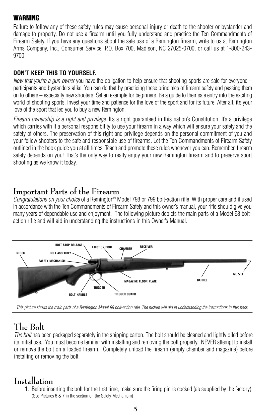 Remington 799, 798 owner manual Important Parts of the Firearm, Bolt, Installation 