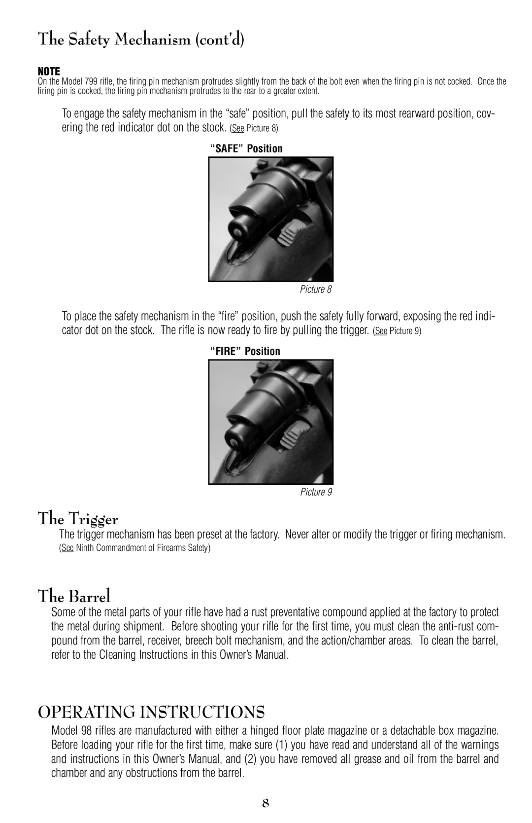 Remington 798, 799 owner manual Safety Mechanism cont’d, Trigger, Barrel 