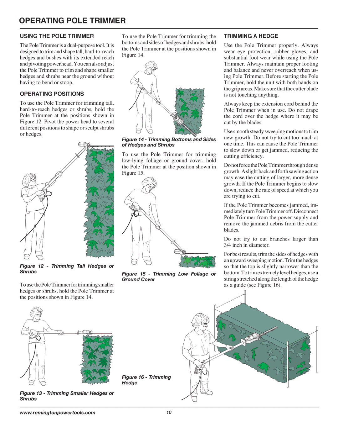 Remington AT3017B owner manual Using the Pole Trimmer, Operating Positions, Trimming a Hedge 