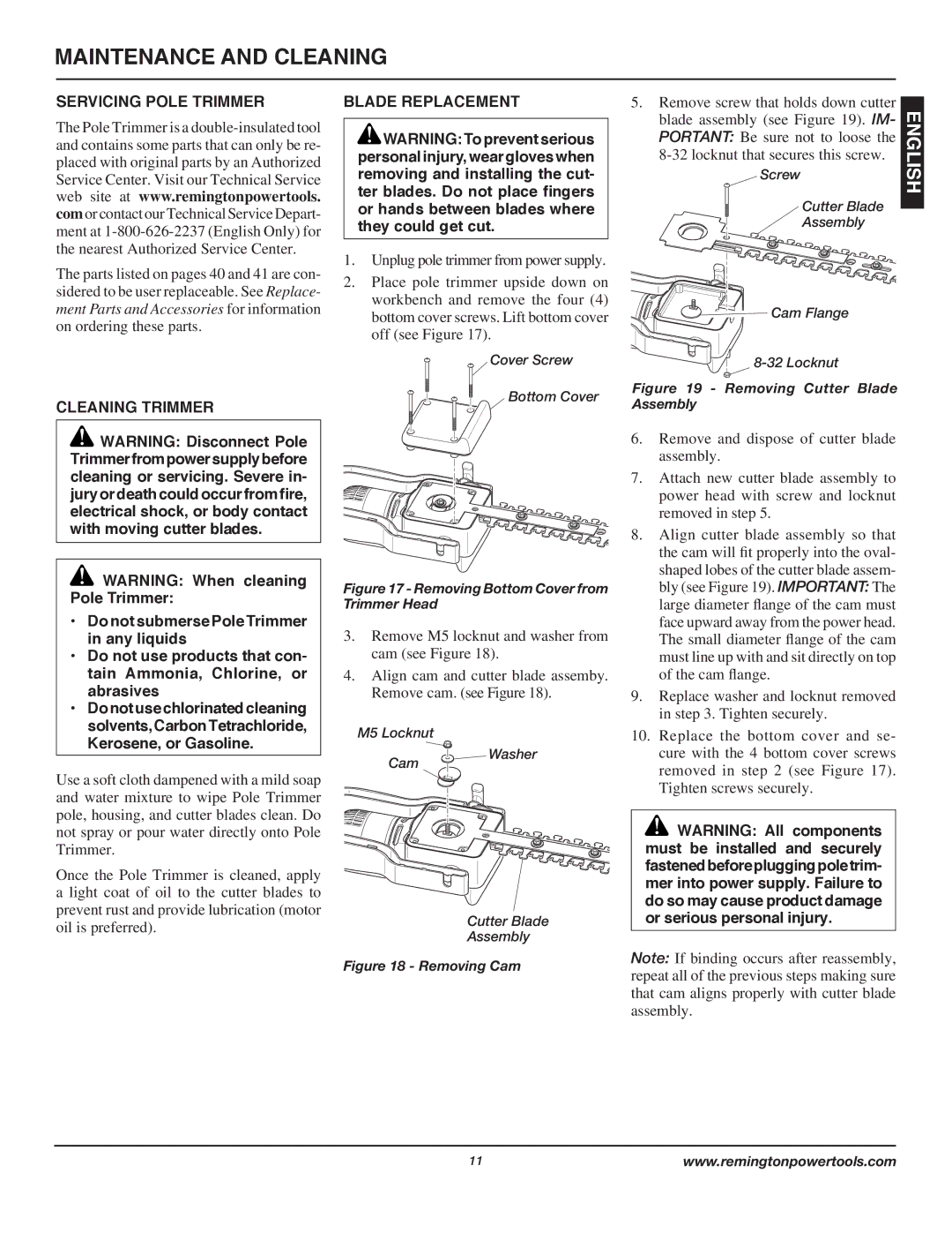 Remington AT3017B owner manual Maintenance and Cleaning, Servicing Pole Trimmer, Cleaning Trimmer, Blade Replacement 