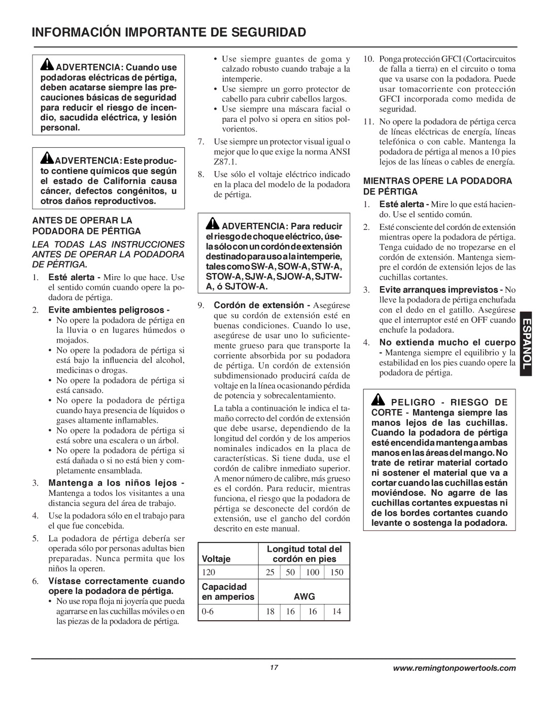 Remington AT3017B owner manual Información Importante DE Seguridad, Antes DE Operar LA Podadora DE Pértiga 