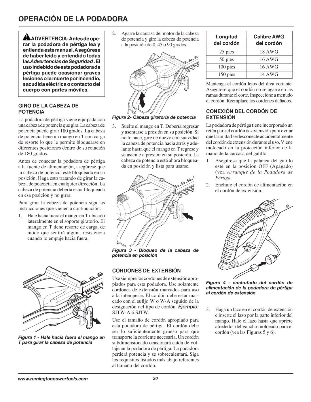 Remington AT3017B owner manual Operación DE LA Podadora, Giro DE LA Cabeza DE Potencia, Conexión DEL Cordón DE Extensión 