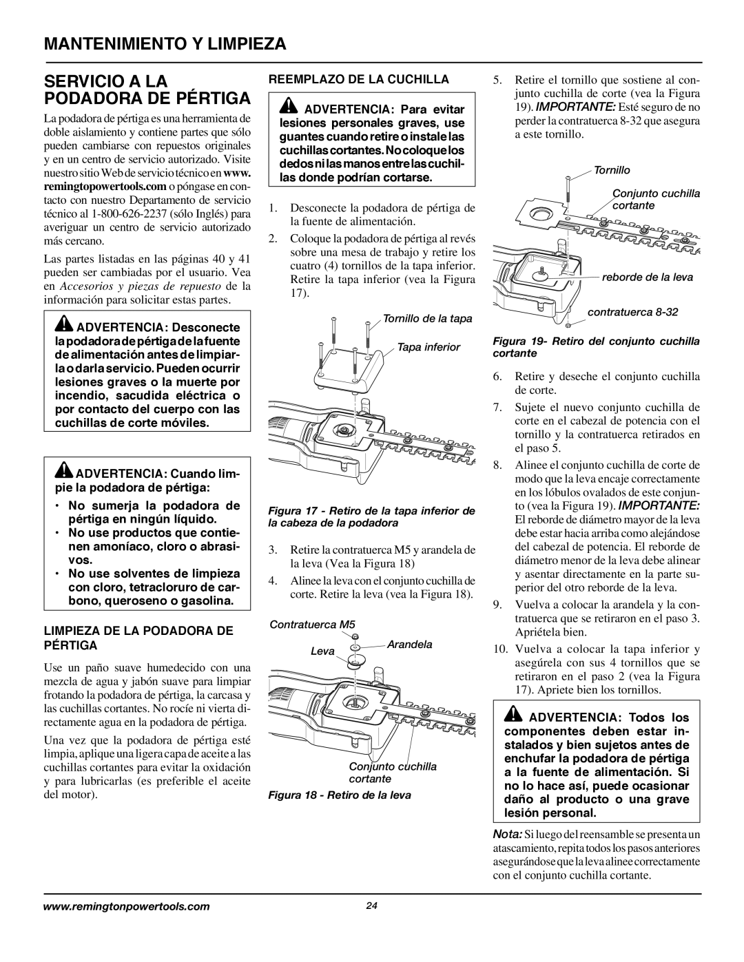 Remington AT3017B owner manual Mantenimiento Y Limpieza, Limpieza DE LA Podadora DE Reemplazo DE LA Cuchilla, Pértiga 