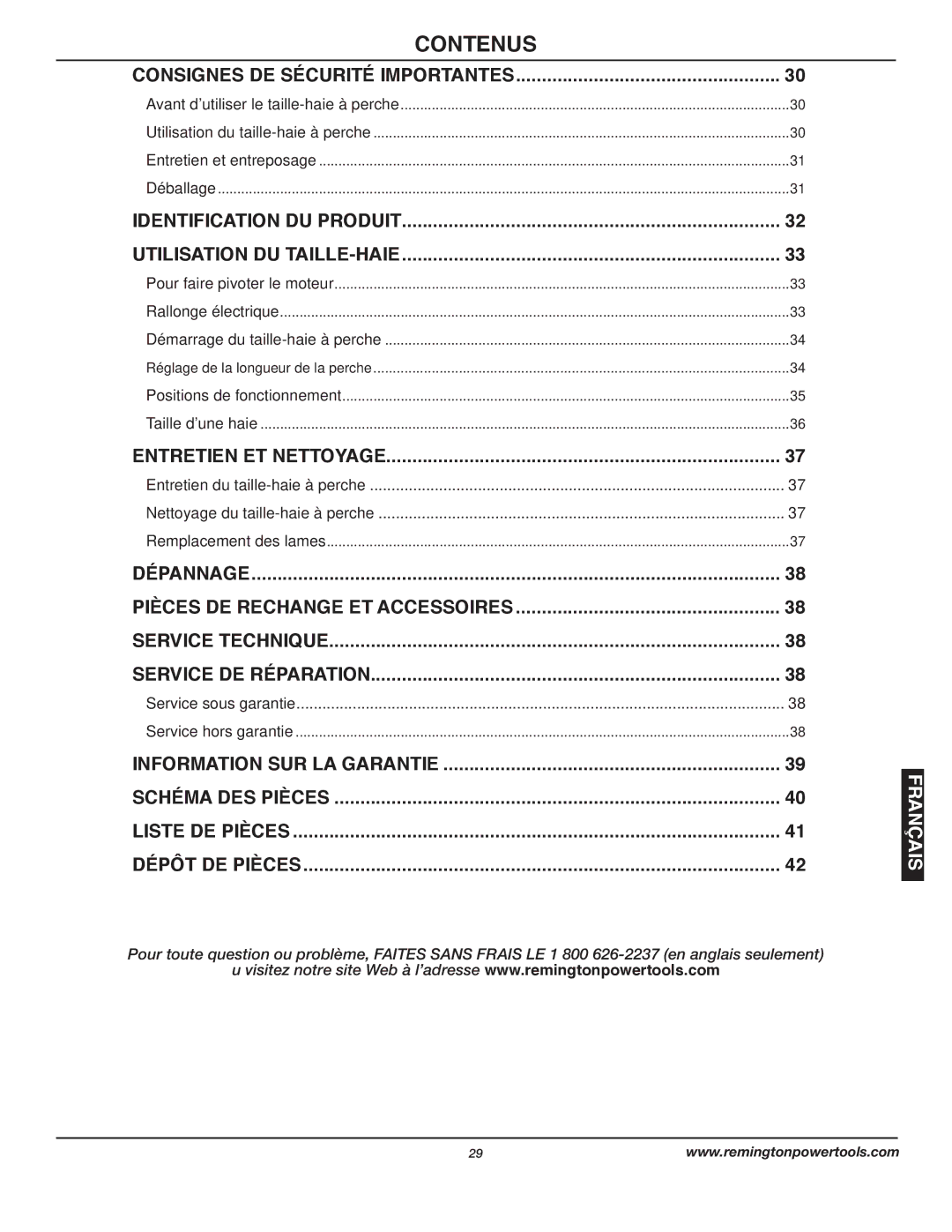 Remington AT3017B Contenus, Consignes DE Sécurité Importantes, Identification DU Produit Utilisation DU TAILLE-HAIE 