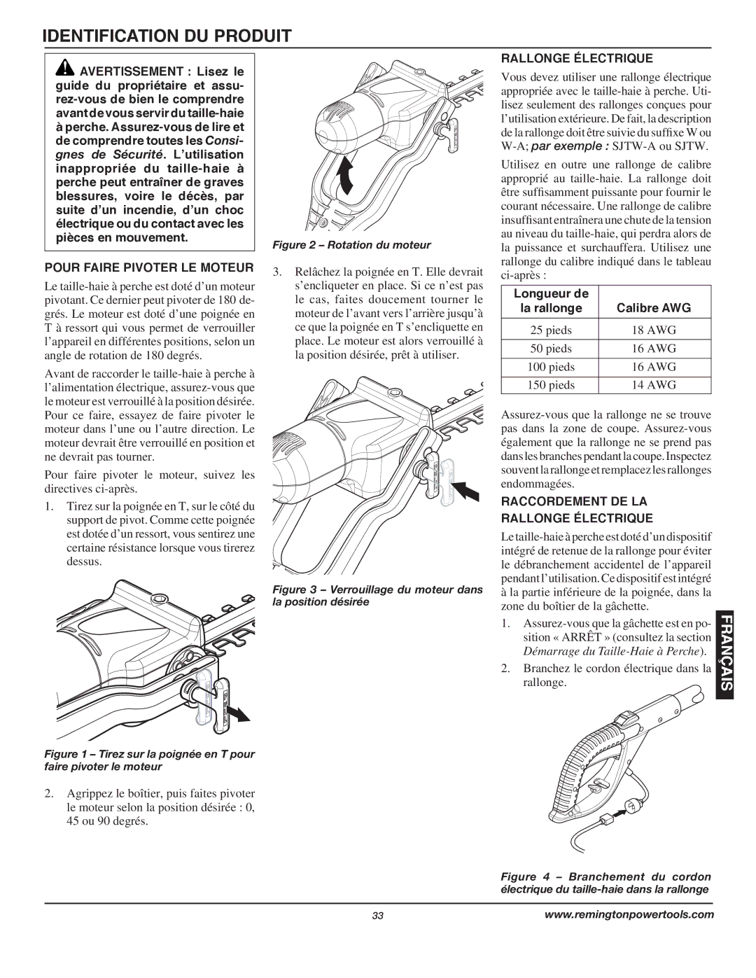 Remington AT3017B owner manual Pour Faire Pivoter LE Moteur, Longueur de, Raccordement DE LA Rallonge Électrique 