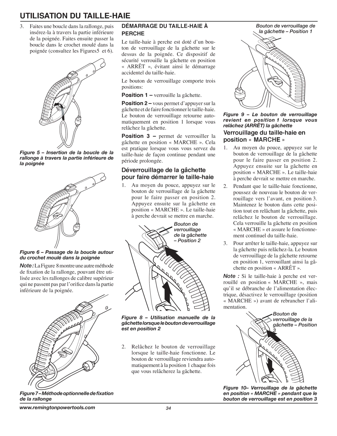 Remington AT3017B owner manual Utilisation DU TAILLE-HAIE, Démarrage DU TAILLE-HAIE À Perche 