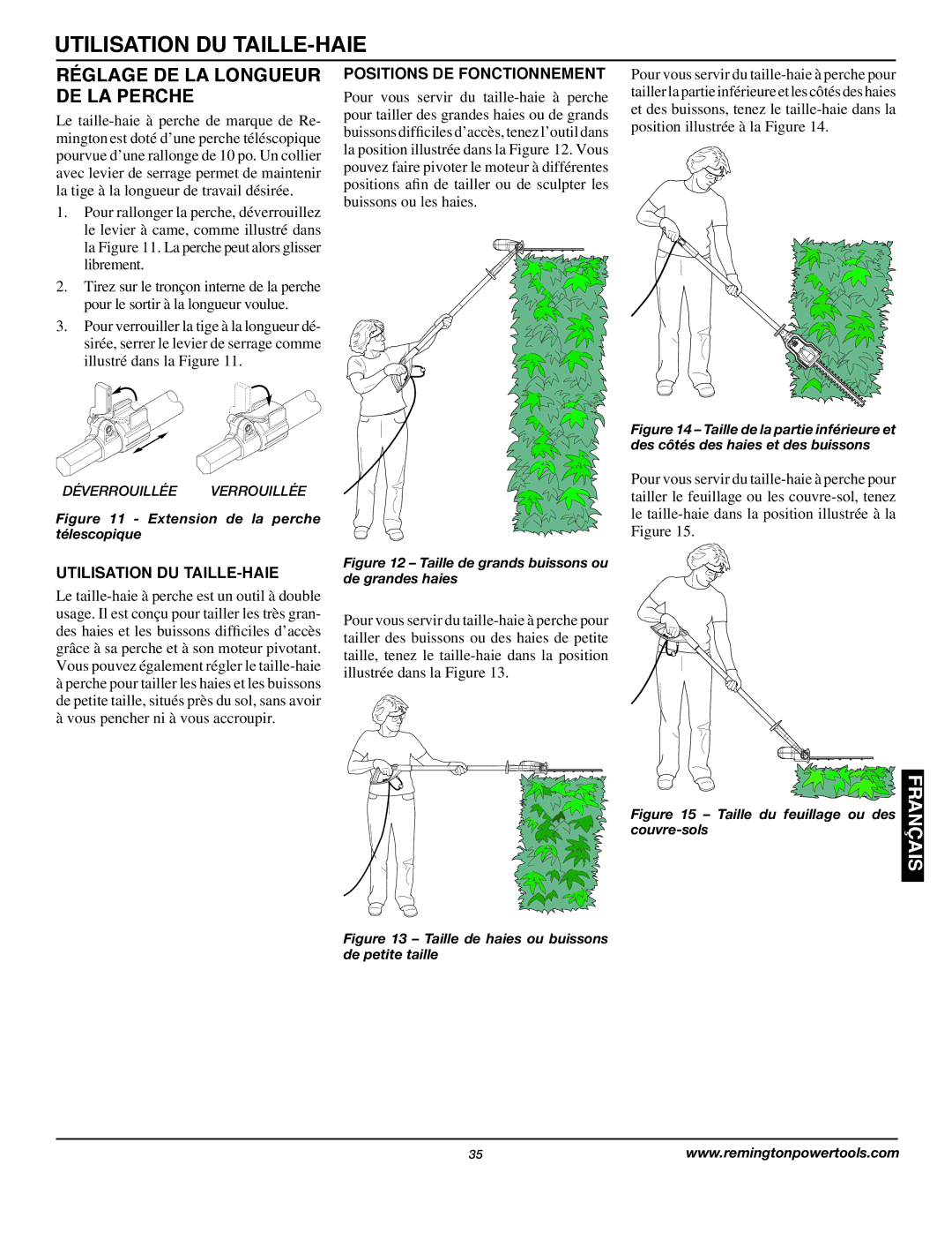 Remington AT3017B owner manual Réglage DE LA Longueur DE LA Perche, Positions DE Fonctionnement, Utilisation DU TAILLE-HAIE 