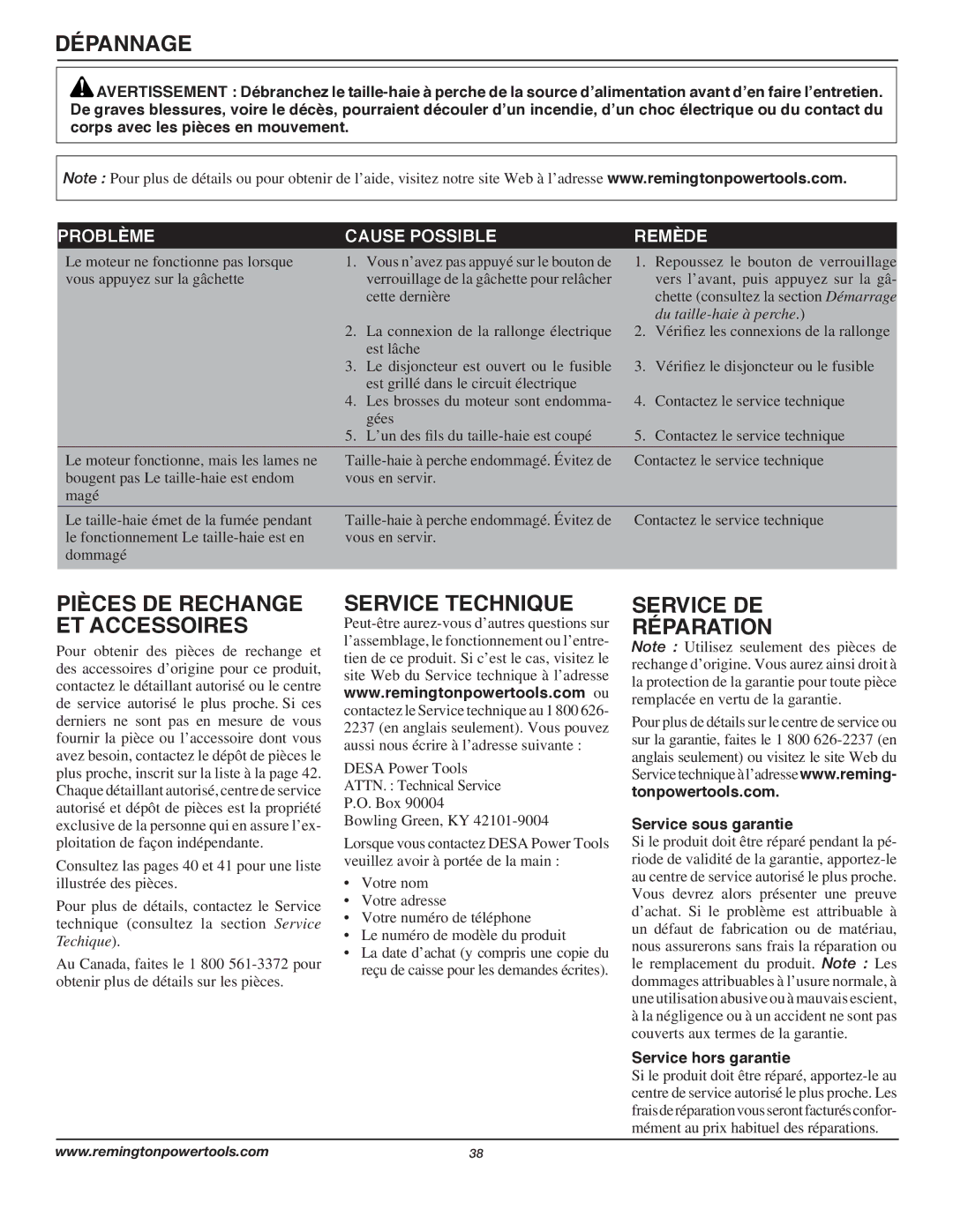 Remington AT3017B owner manual Dépannage, Pièces DE Rechange ET Accessoires, Service Technique, Service DE Réparation 