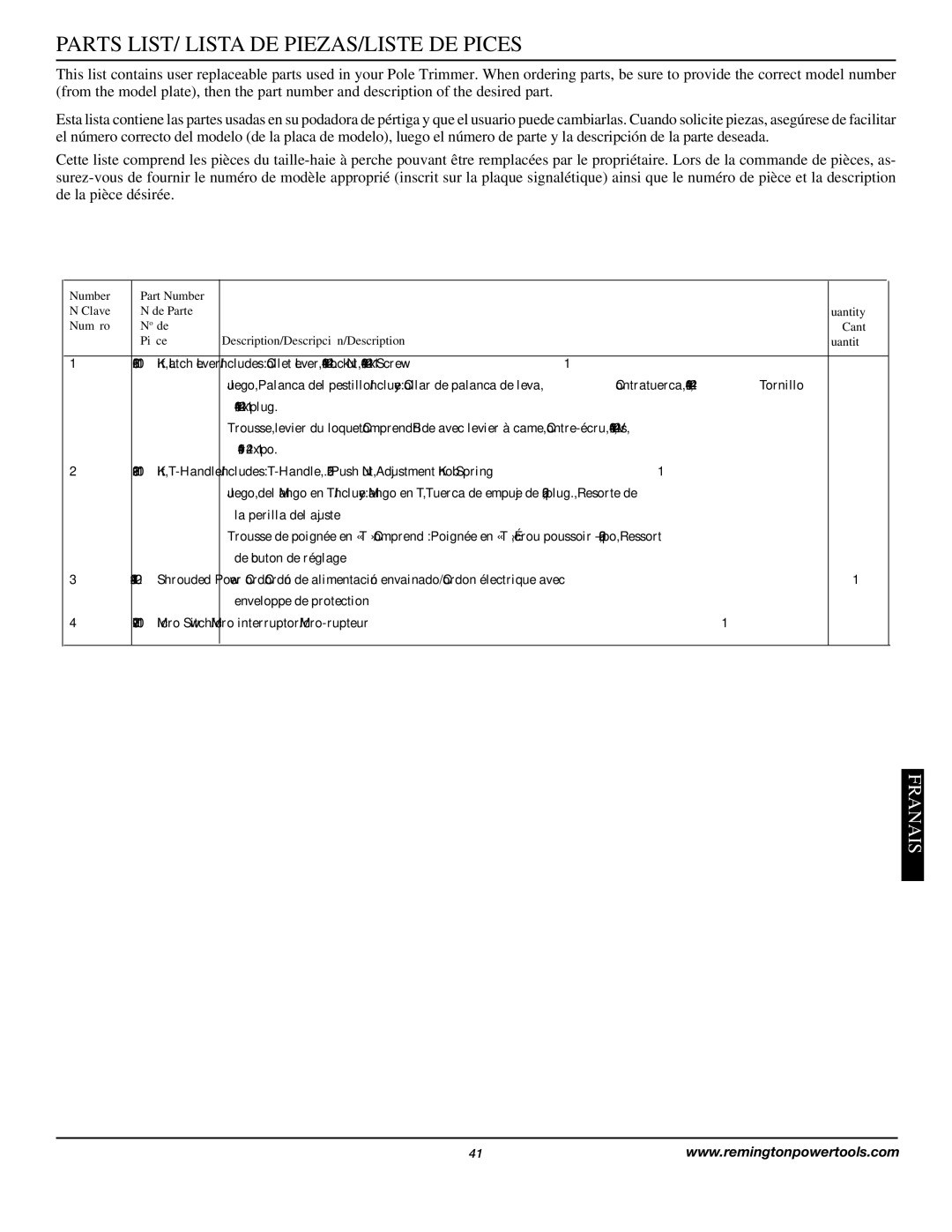 Remington AT3017B owner manual Parts LIST/ Lista DE PIEZAS/LISTE DE Pièces 