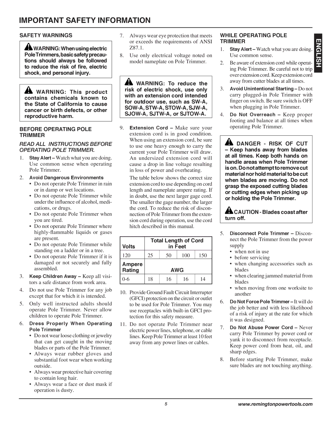 Remington AT3017B owner manual Important Safety Information, Safety Warnings Before Operating Pole Trimmer, Awg 