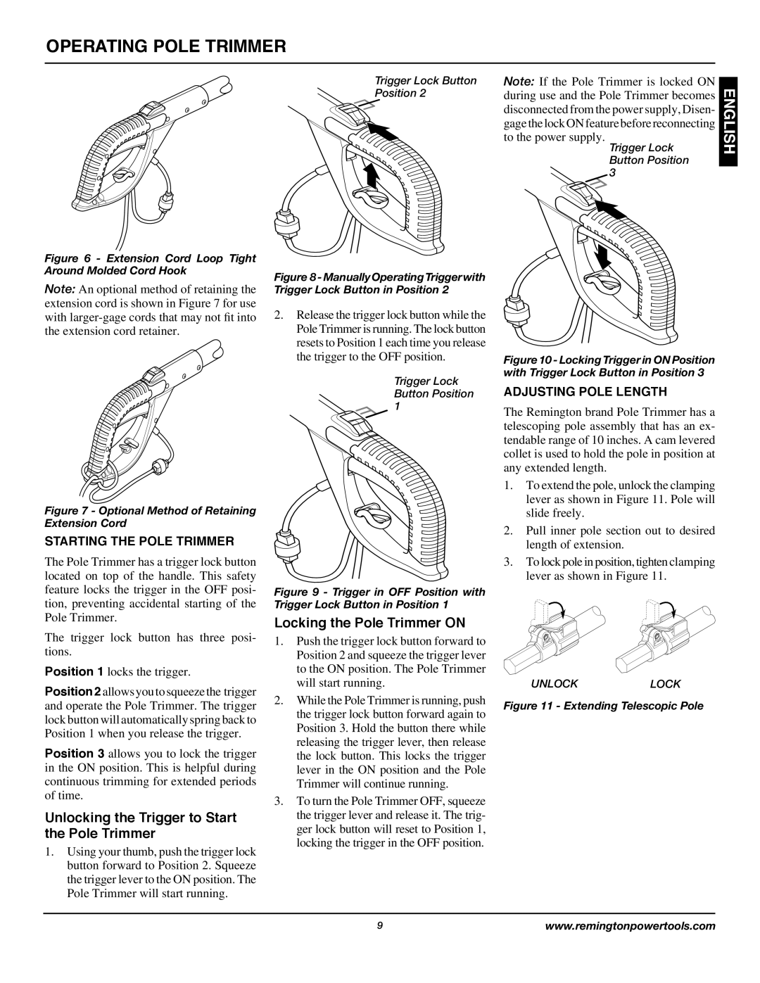 Remington AT3017B owner manual Starting the Pole Trimmer, Adjusting Pole Length 