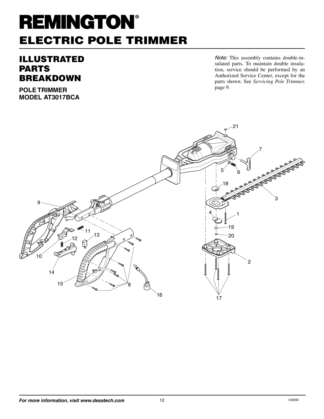 Remington owner manual Illustrated Parts Breakdown, Pole Trimmer Model AT3017BCA 