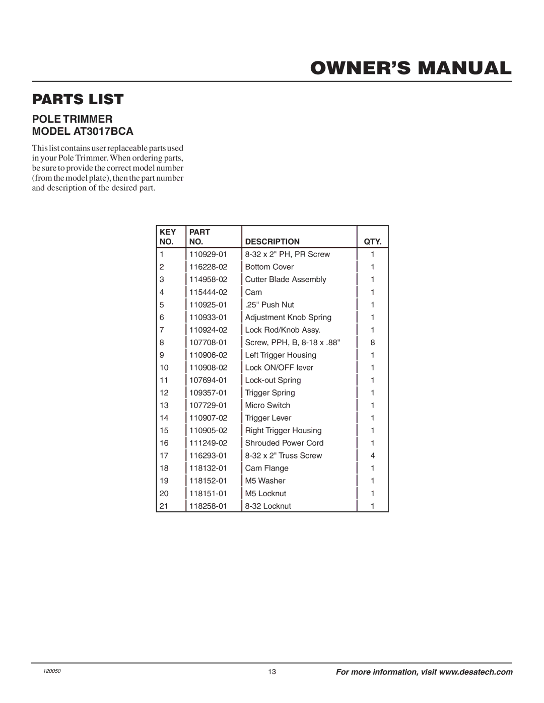 Remington AT3017BCA owner manual Parts List, KEY Part Description QTY 