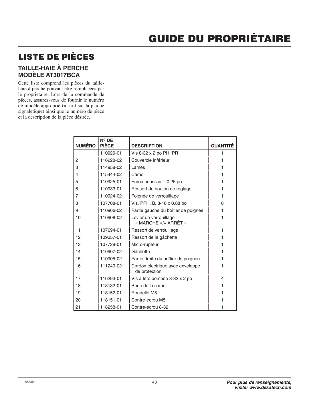 Remington AT3017BCA owner manual Liste DE Pièces, Numéro Pièce Description Quantité 