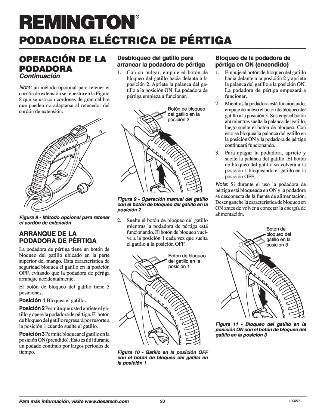 Remington AT3017BCA owner manual Podadora Eléctrica De Pértiga, Operación De La Podadora, Continuación 