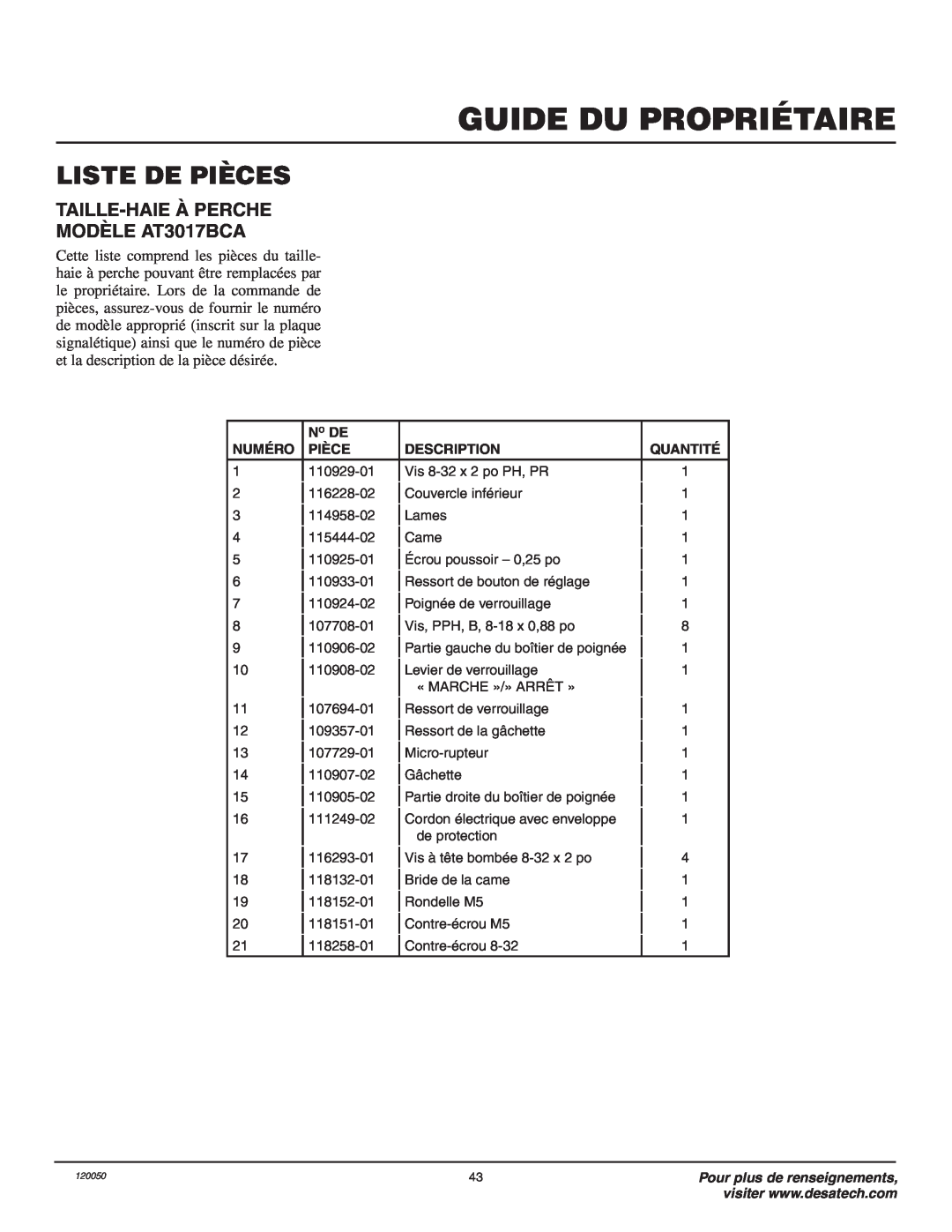Remington AT3017BCA owner manual Liste De Pièces, Guide Du Propriétaire, No De, Numéro, Description, Quantité 