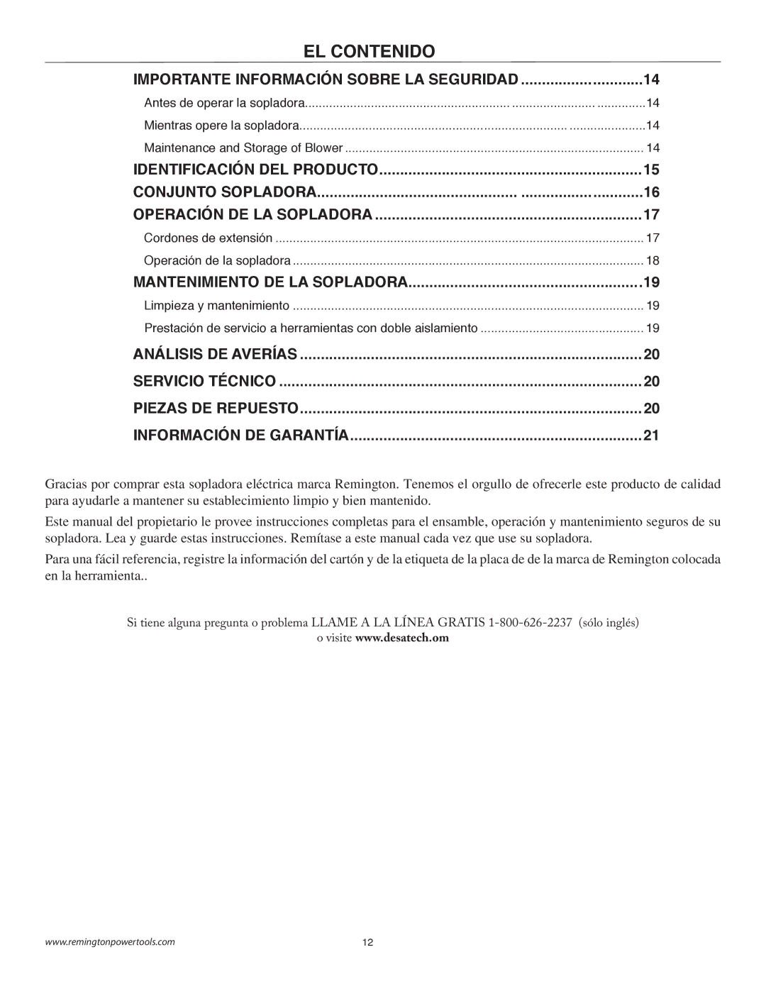 Remington B75150A owner manual EL Contenido, Importante Información Sobre LA Seguridad, Mantenimiento DE LA Sopladora 