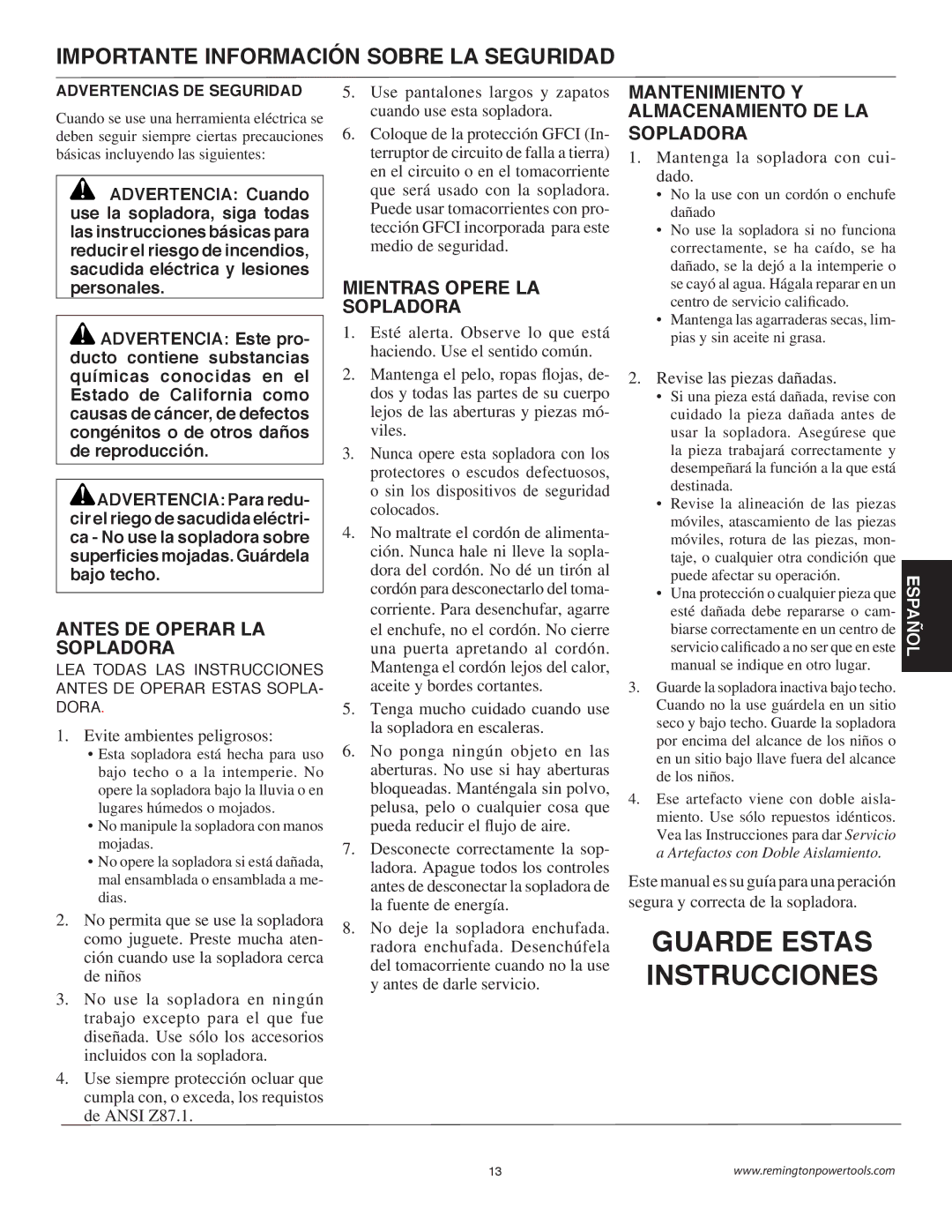 Remington B75150A Importante Información Sobre LA Seguridad, Antes DE Operar LA Sopladora, Mientras Opere LA Sopladora 