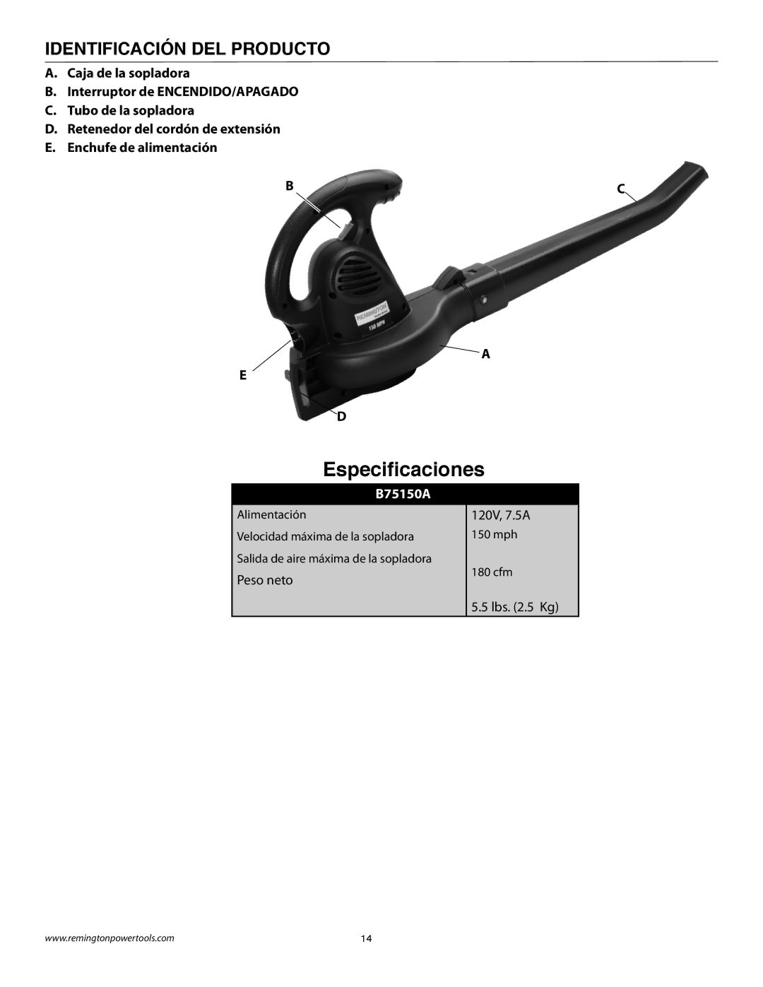 Remington B75150A owner manual Especiﬁcaciones, Identificación DEL Producto 