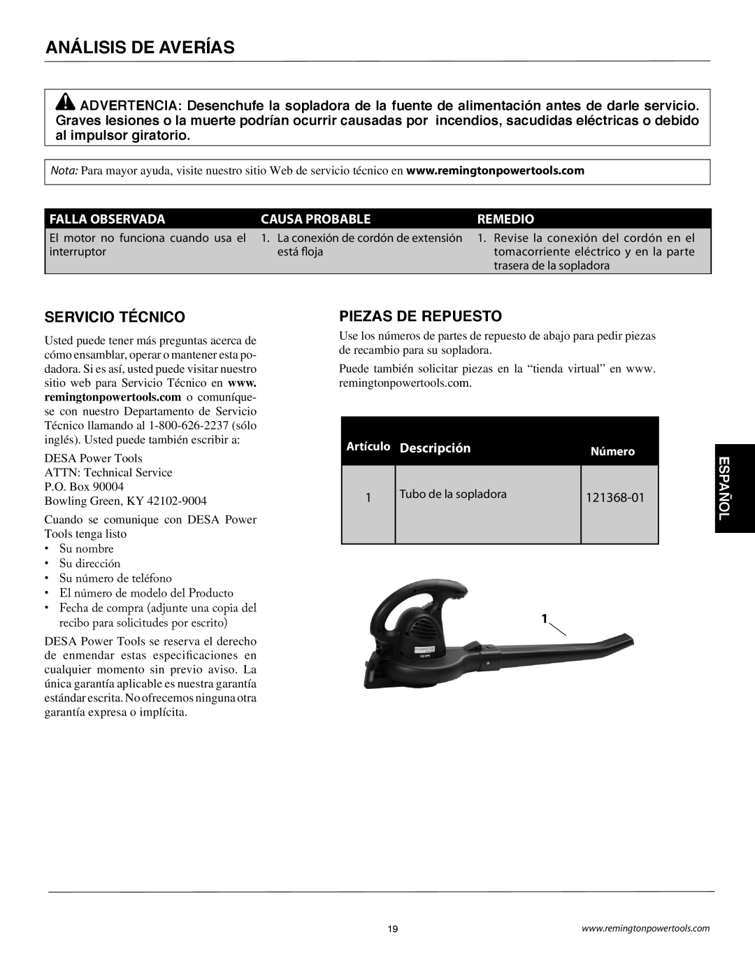 Remington B75150A owner manual Análisis DE Averías, Falla Observada Causa Probable 