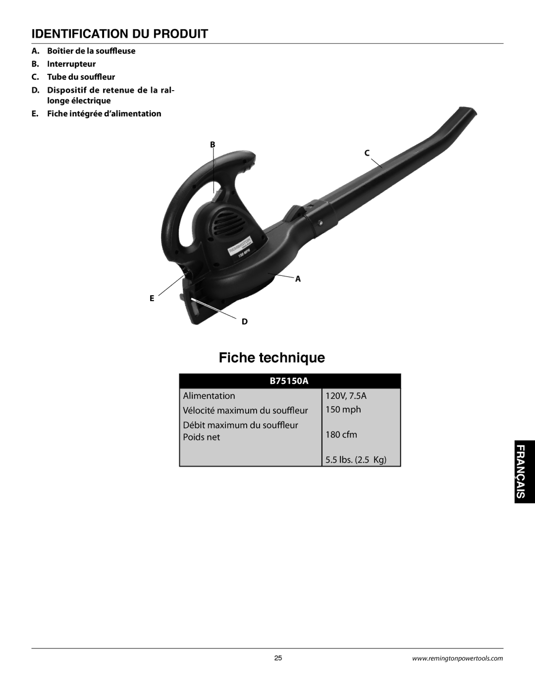 Remington B75150A owner manual Fiche technique, Identification DU Produit 