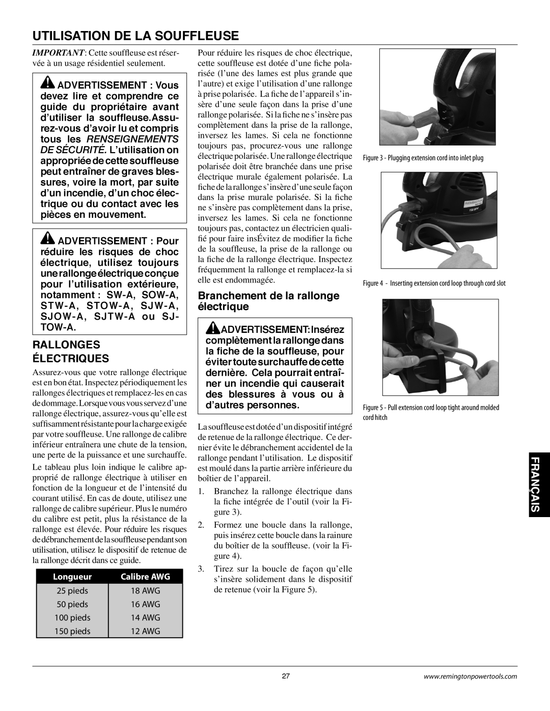 Remington B75150A owner manual Utilisation DE LA Souffleuse, Rallonges Électriques, Branchement de la rallonge électrique 