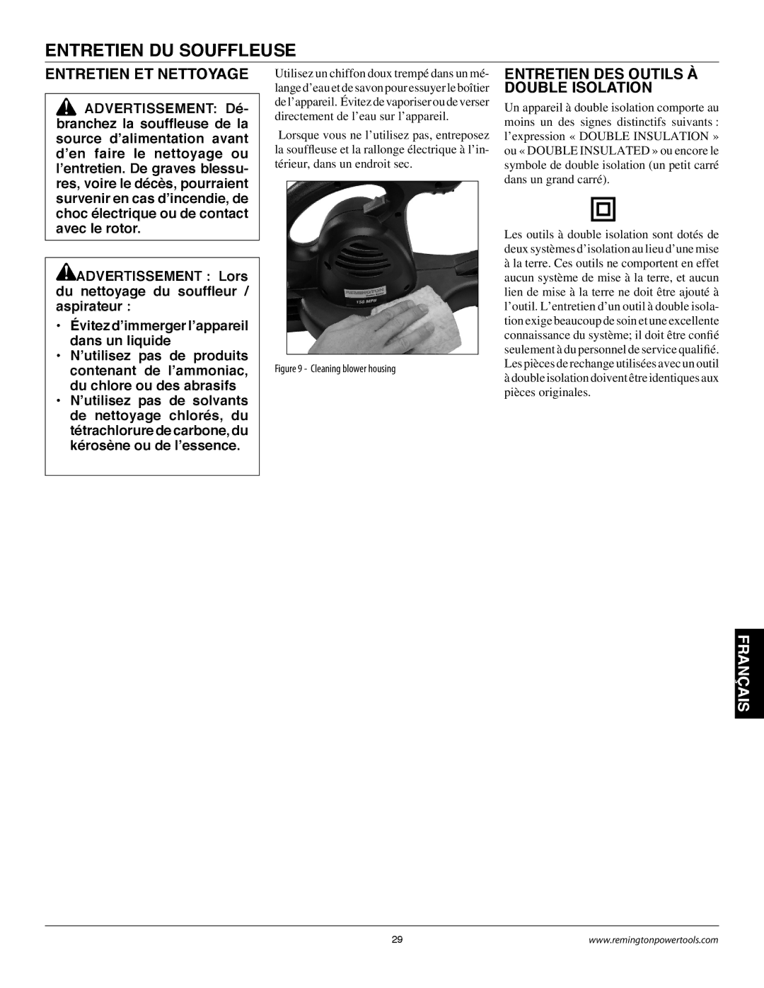 Remington B75150A owner manual Entretien DU Souffleuse, Entretien ET Nettoyage, Entretien DES Outils À Double Isolation 