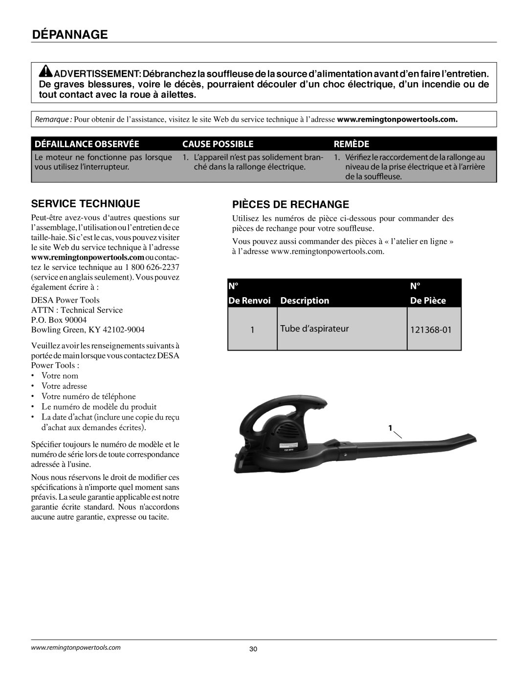 Remington B75150A owner manual Dépannage, Service Technique, Pièces DE Rechange 