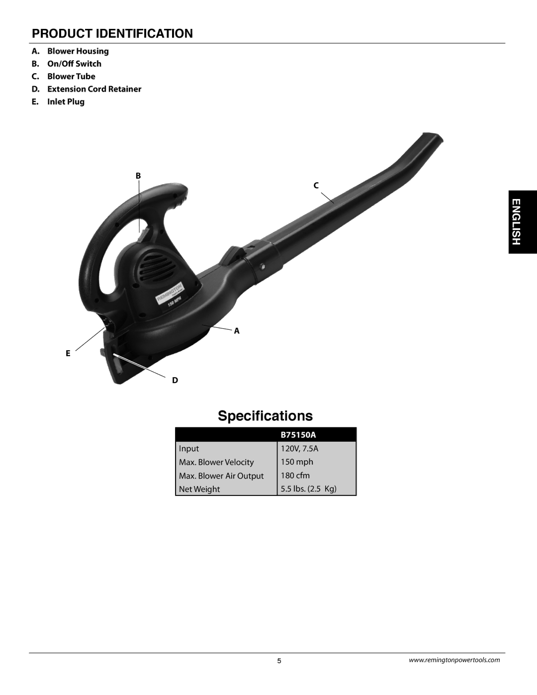 Remington B75150A owner manual Speciﬁcations, Product Identification 