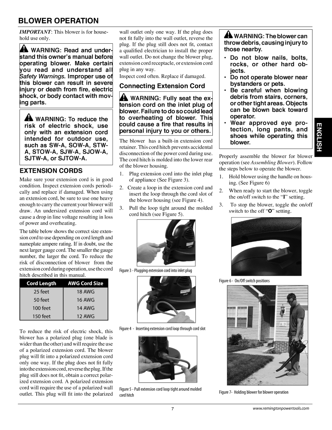 Remington B75150A owner manual Blower Operation, Extension Cords, Connecting Extension Cord 