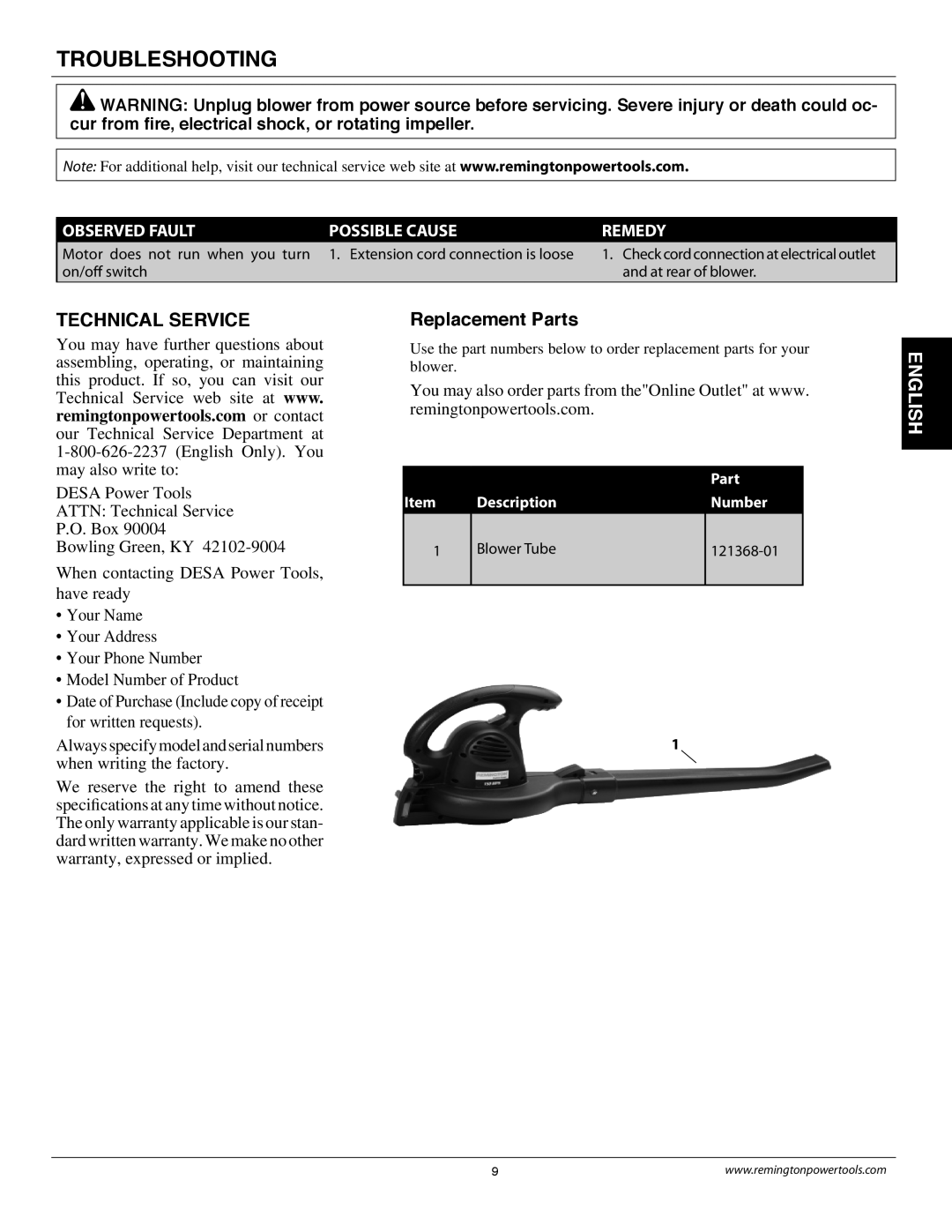 Remington B75150A owner manual Troubleshooting, Replacement Parts 