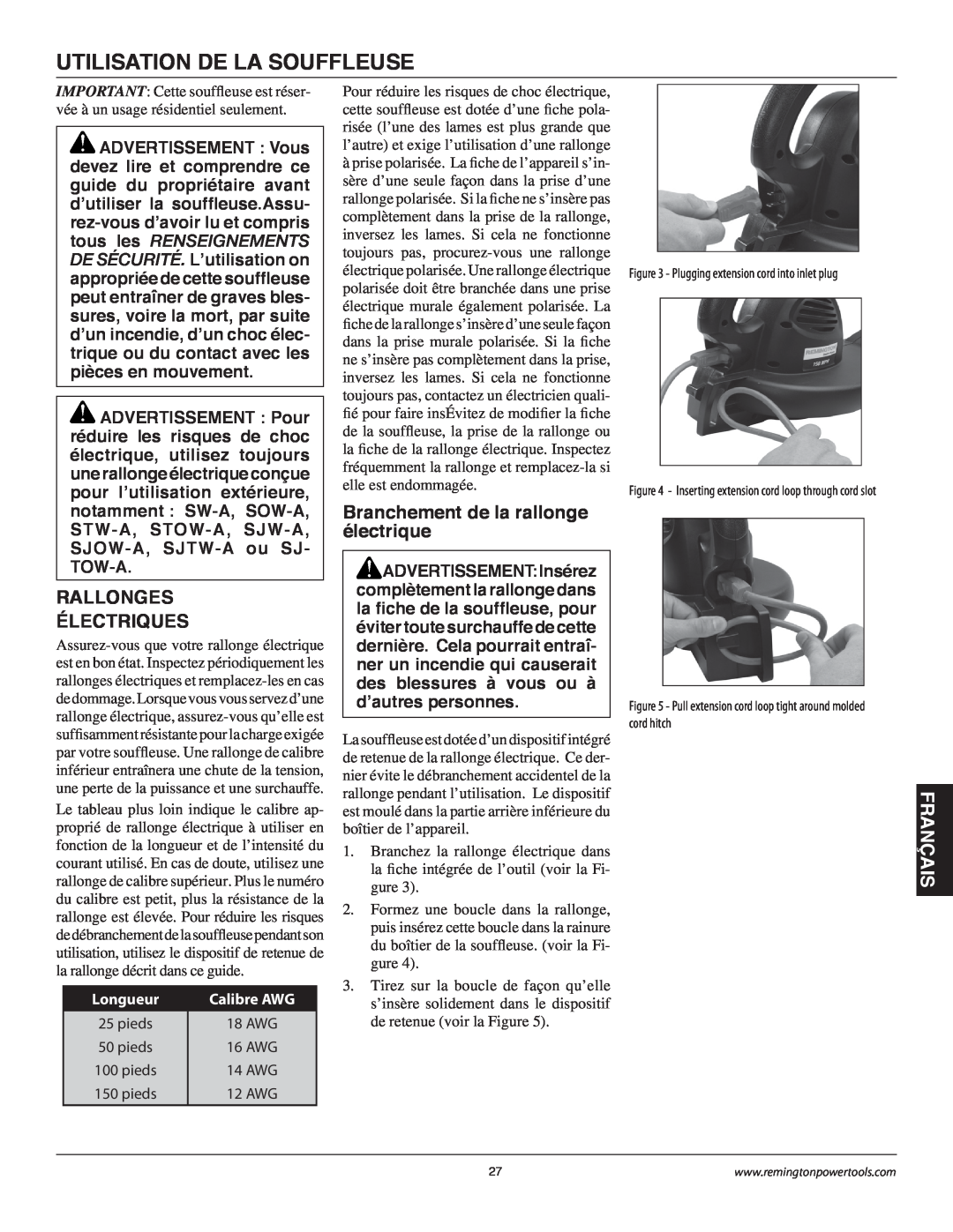 Remington B75150A Utilisation De La Souffleuse, Rallonges Électriques, Branchement de la rallonge électrique, Français 