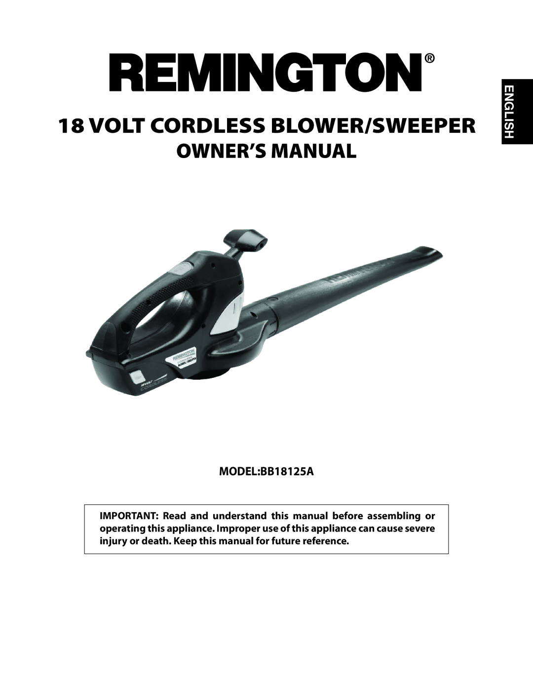 Remington owner manual Volt Cordless BLOWER/SWEEPER, MODELBB18125A 