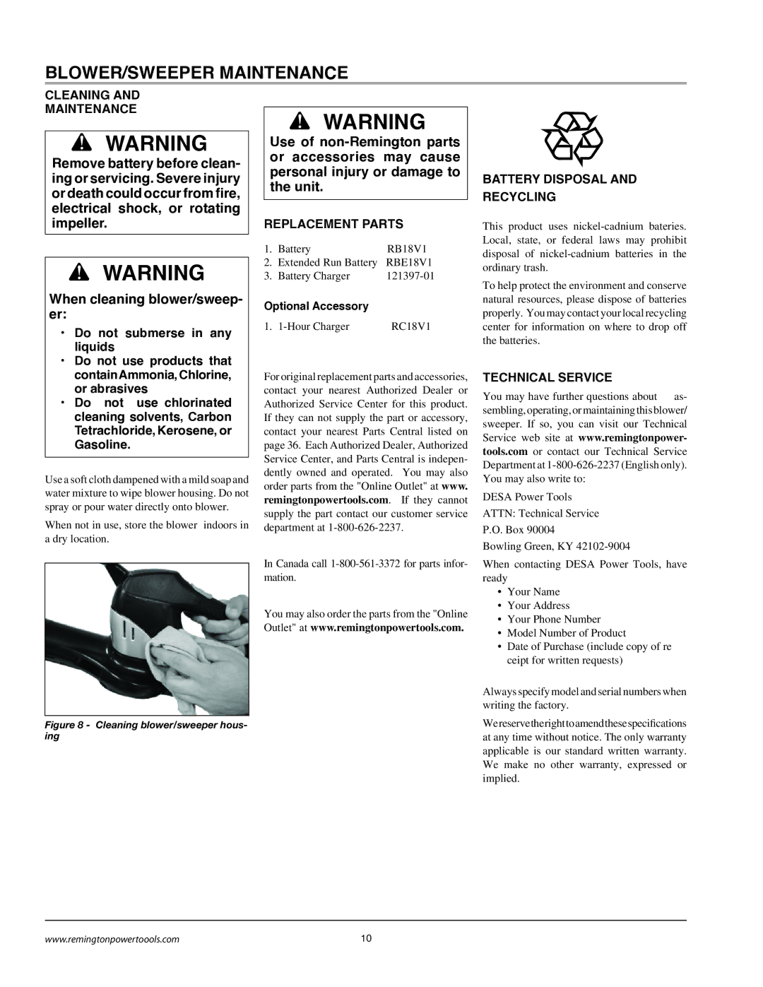 Remington BB18125A BLOWER/SWEEPER Maintenance, Cleaning Maintenance, Replacement Parts, Battery Disposal and Recycling 