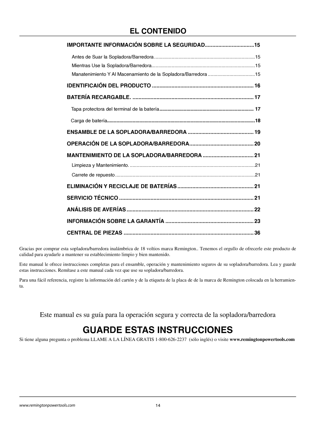 Remington BB18125A owner manual EL Contenido, Importante Información Sobre LA Seguridad 