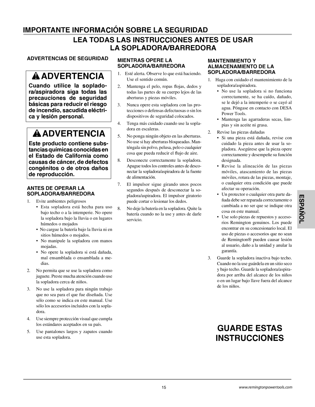 Remington BB18125A owner manual Advertencias DE Seguridad, Antes DE Operar LA SOPLADORA/BARREDORA 