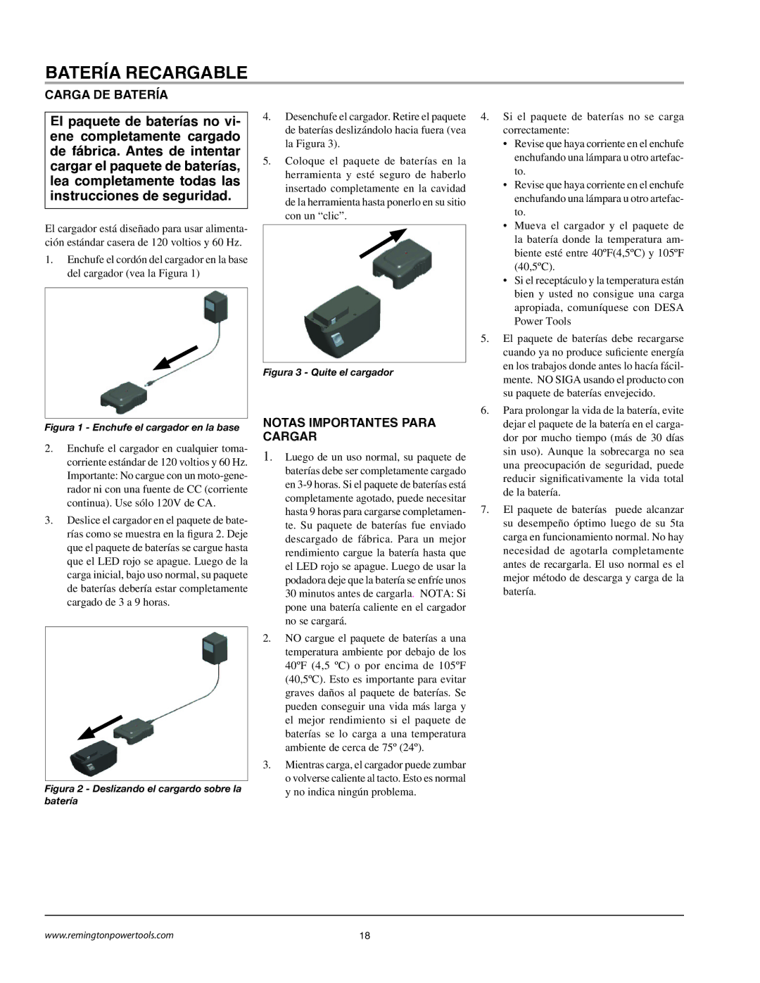 Remington BB18125A owner manual Carga DE Batería, Notas Importantes Para Cargar 