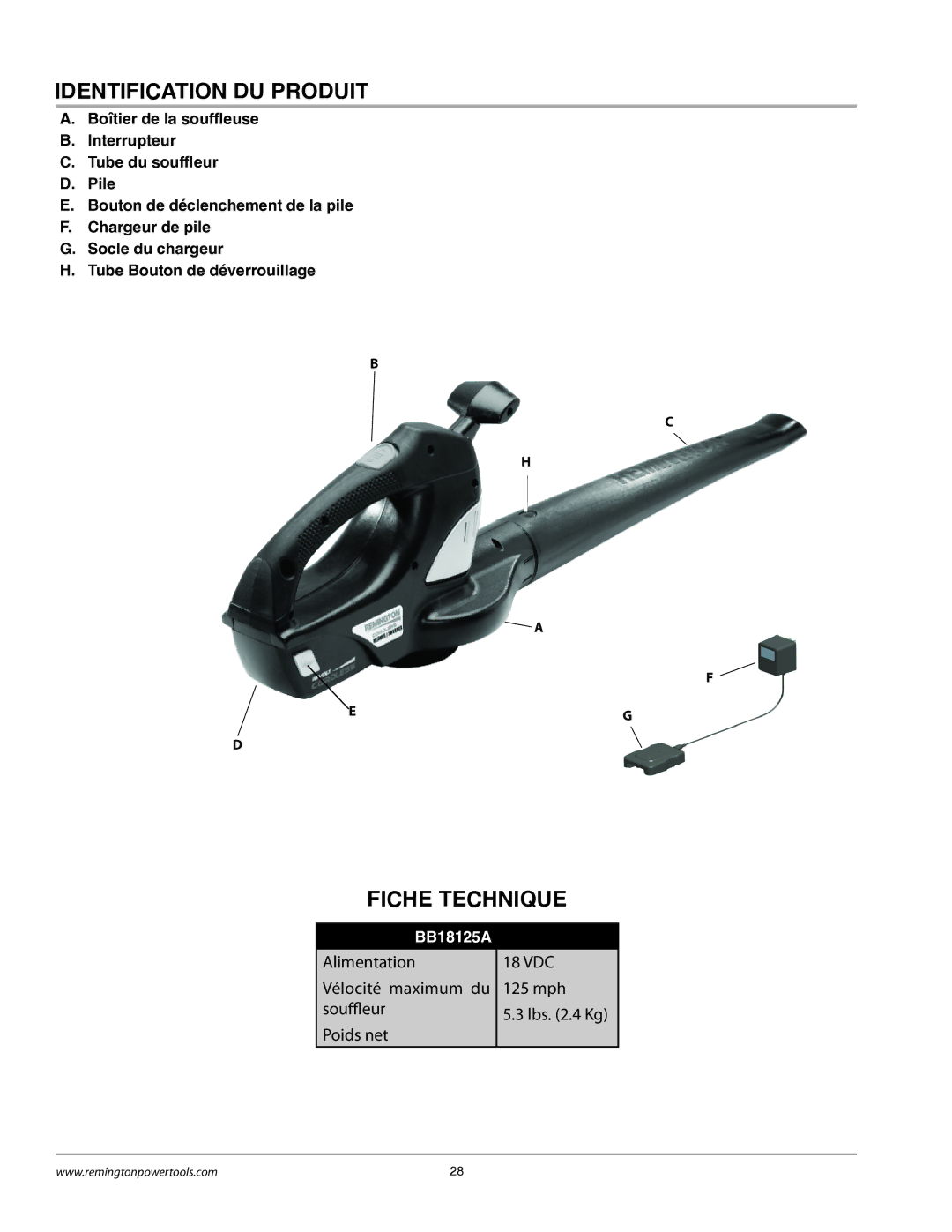 Remington BB18125A owner manual Identification DU Produit, Fiche Technique 