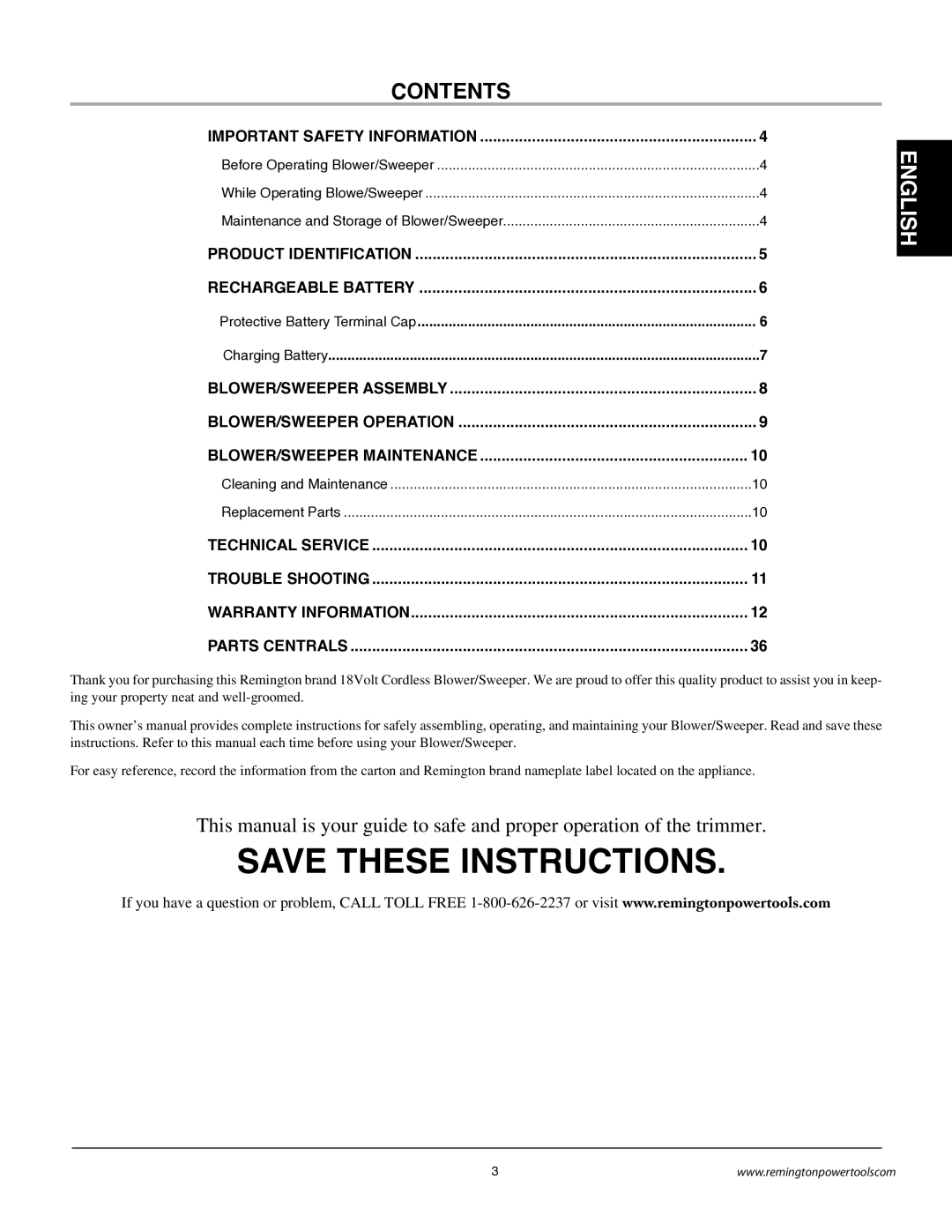 Remington BB18125A owner manual Contents 