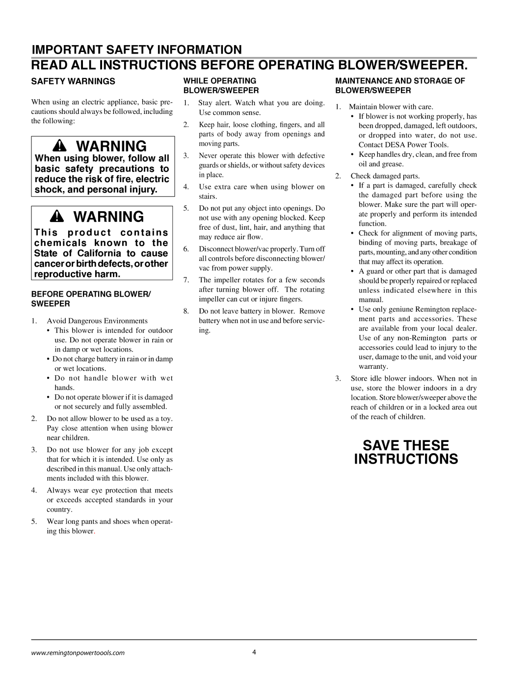 Remington BB18125A owner manual Important Safety Information, Safety Warnings, Before Operating BLOWER/ Sweeper 