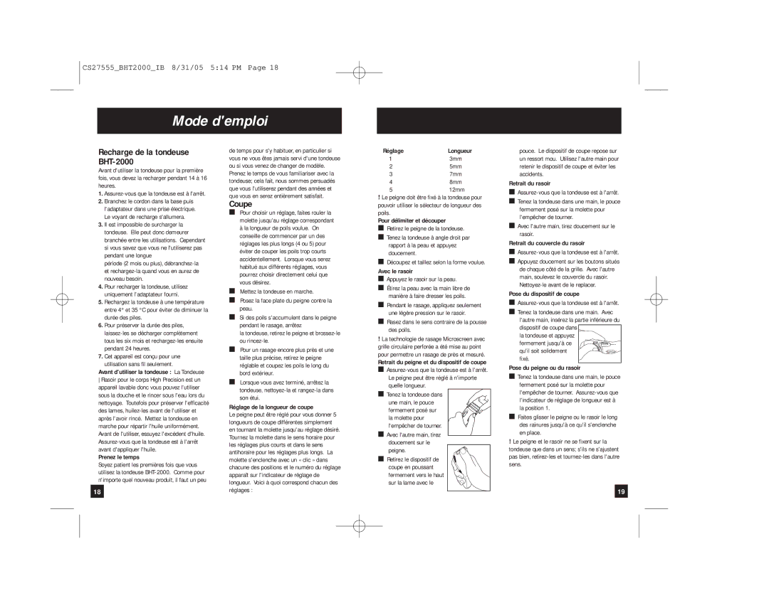 Remington manual Mode demploi, Recharge de la tondeuse BHT-2000, Coupe 