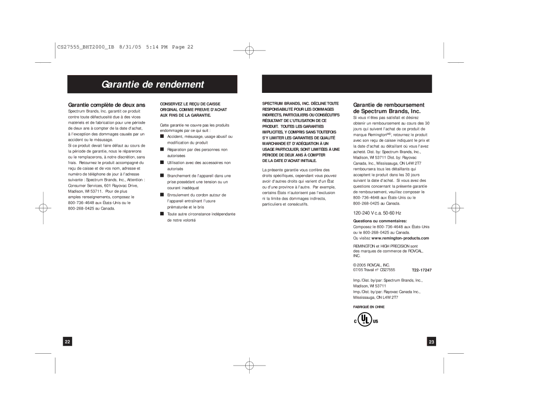 Remington BHT-2000 Garantie de rendement, Garantie de remboursement de Spectrum Brands, Inc, Questions ou commentaires 